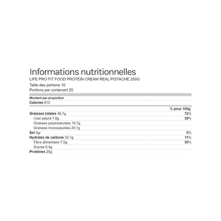Tableau en français des informations nutritionnelles de la pâte à tartiner protéinée Life Pro pistache indiquant calories, graisses, glucides, fibres, sucres et protéines par portion