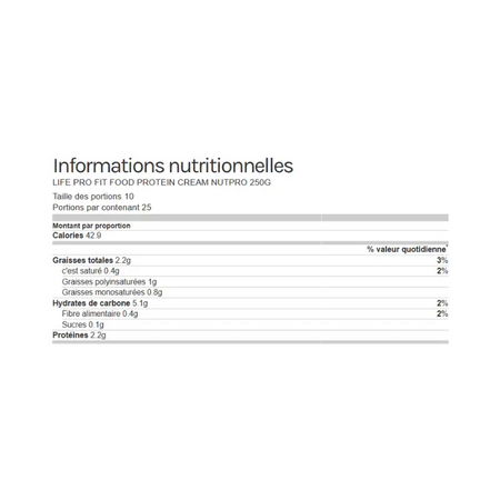 Tableau des informations nutritionnelles de la pâte à tartiner protéinée Life Pro Nutpro indiquant calories, graisses, glucides, fibres, sucres et protéines pour 100 g