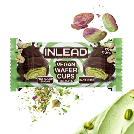 Emballage Inlead Vegan Wafer Cups Pistachio 50g, deux cups gaufrette croustillante garnies de crème pistache et enrobées de chocolat noir végan, sans sucre ajouté pour snack gourmand à faible teneur en sucre