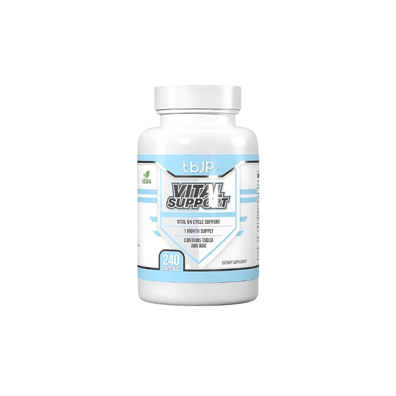 Flacon TBJP Vital Support 240 capsules, complément végan contenant TUDCA et NAC pour le soutien des organes et la protection pendant les cycles d’entraînement intensifs