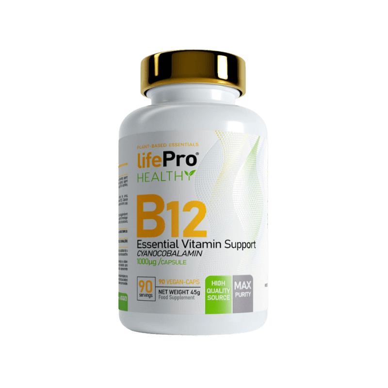 Flacon LifePro Healthy B12 1000 mcg, complément alimentaire de cyanocobalamine en 90 gélules véganes pour le soutien énergétique et la réduction de la fatigue