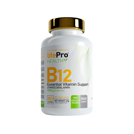 Flacon LifePro Healthy B12 1000 mcg, complément alimentaire de cyanocobalamine en 90 gélules véganes pour le soutien énergétique et la réduction de la fatigue