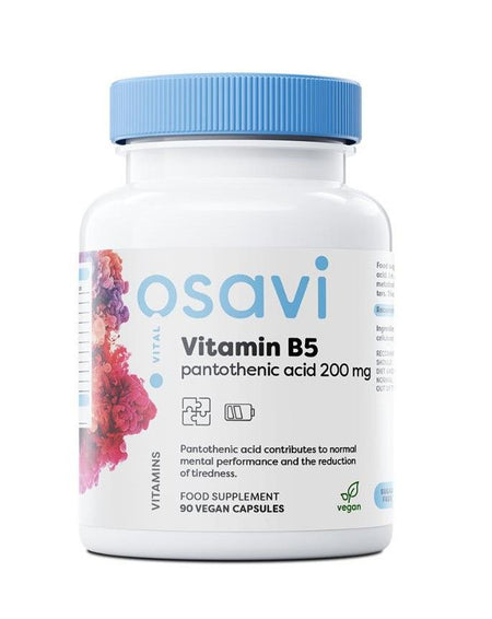Flacon Osavi Vital Vitamin B5 acide pantothénique 200 mg, complément alimentaire en 180 capsules véganes contribuant aux performances mentales normales et à la réduction de la fatigue