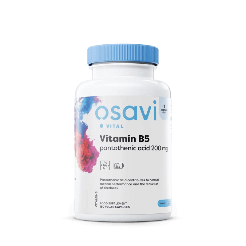Flacon Osavi Vital Vitamin B5 acide pantothénique 200 mg, complément alimentaire en 180 capsules véganes contribuant aux performances mentales normales et à la réduction de la fatigue