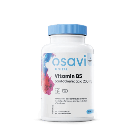 Flacon Osavi Vital Vitamin B5 acide pantothénique 200 mg, complément alimentaire en 180 capsules véganes contribuant aux performances mentales normales et à la réduction de la fatigue