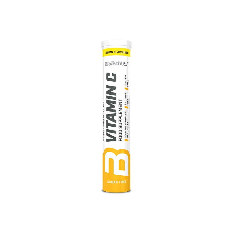 Tube BioTechUSA Vitamin C effervescent 1000 mg goût citron, complément alimentaire sans sucre contenant 20 comprimés à dissoudre dans l’eau