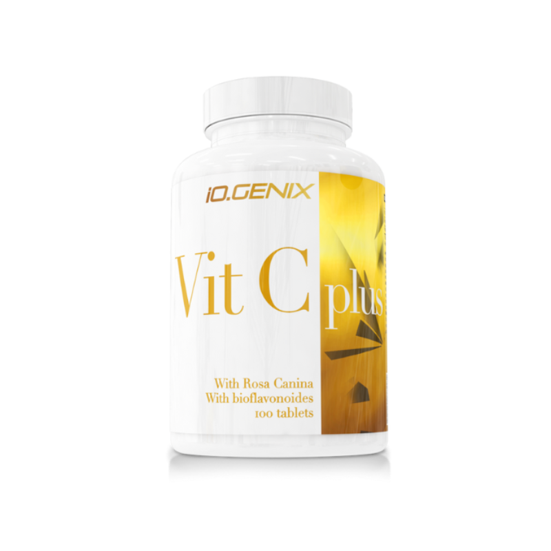 Flacon IO Genix Vit C Plus 1000 mg, complément alimentaire avec Rosa canina et bioflavonoïdes en 100 comprimés pour soutenir le système immunitaire
