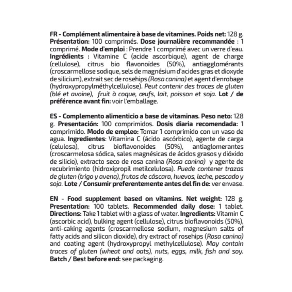 Étiquette IO Genix Vit C Plus, description en plusieurs langues avec mode d’emploi, liste d’ingrédients, allergènes possibles et recommandations d’utilisation