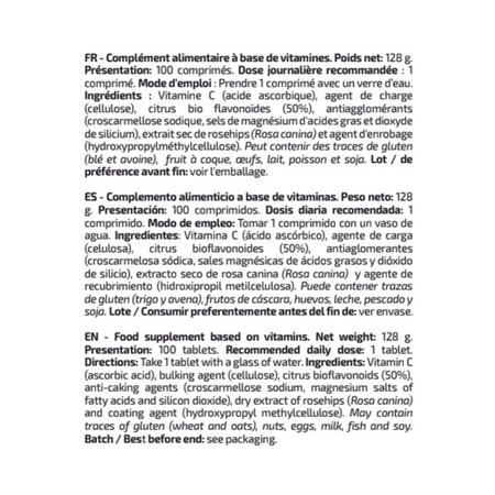 Étiquette IO Genix Vit C Plus, description en plusieurs langues avec mode d’emploi, liste d’ingrédients, allergènes possibles et recommandations d’utilisation