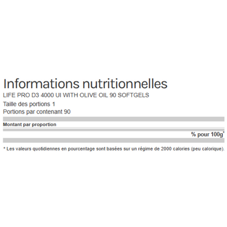 Tableau d’informations nutritionnelles Life Pro D3 4000 UI with Olive Oil, mentionnant 90 softgels et les repères nutritionnels de référence
