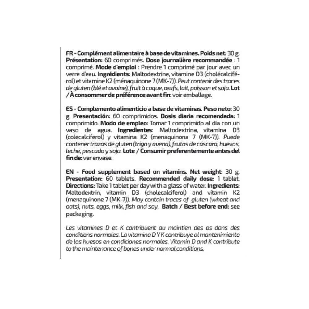 Étiquette IO Genix Vit D3 + K2, description en plusieurs langues avec mode d’emploi, liste d’ingrédients, allergènes possibles et recommandations d’utilisation