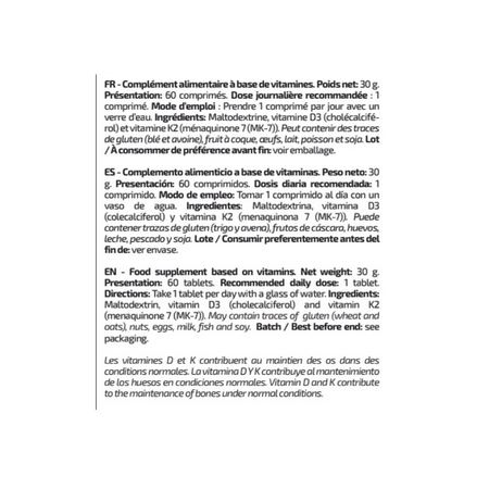 Étiquette IO Genix Vit D3 + K2, description en plusieurs langues avec mode d’emploi, liste d’ingrédients, allergènes possibles et recommandations d’utilisation