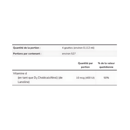 Tableau nutritionnel NOW Foods Liquid Vitamin D-3 indiquant qu’une portion de 4 gouttes apporte 10 µg soit 400 UI de vitamine D3, correspondant à 50% de la valeur quotidienne recommandée