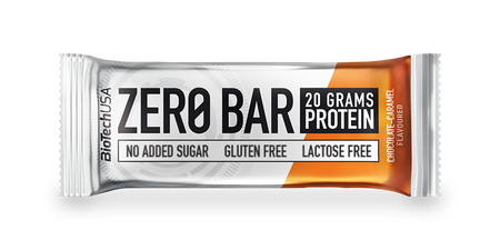 Barre protéinée Zero Bar BioTechUSA saveur chocolat caramel en format 50 g, riche en protéines et adaptée aux régimes sans gluten et sans lactose